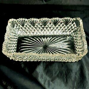 Vintage Cut Glass Strawberry Diamond Fan Pattern Rectangular Serving Dish